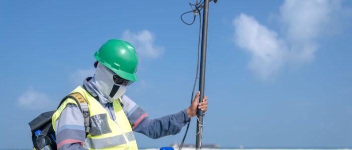 Surveyor using GPS equipment for land measurement outdoors under a clear sky.